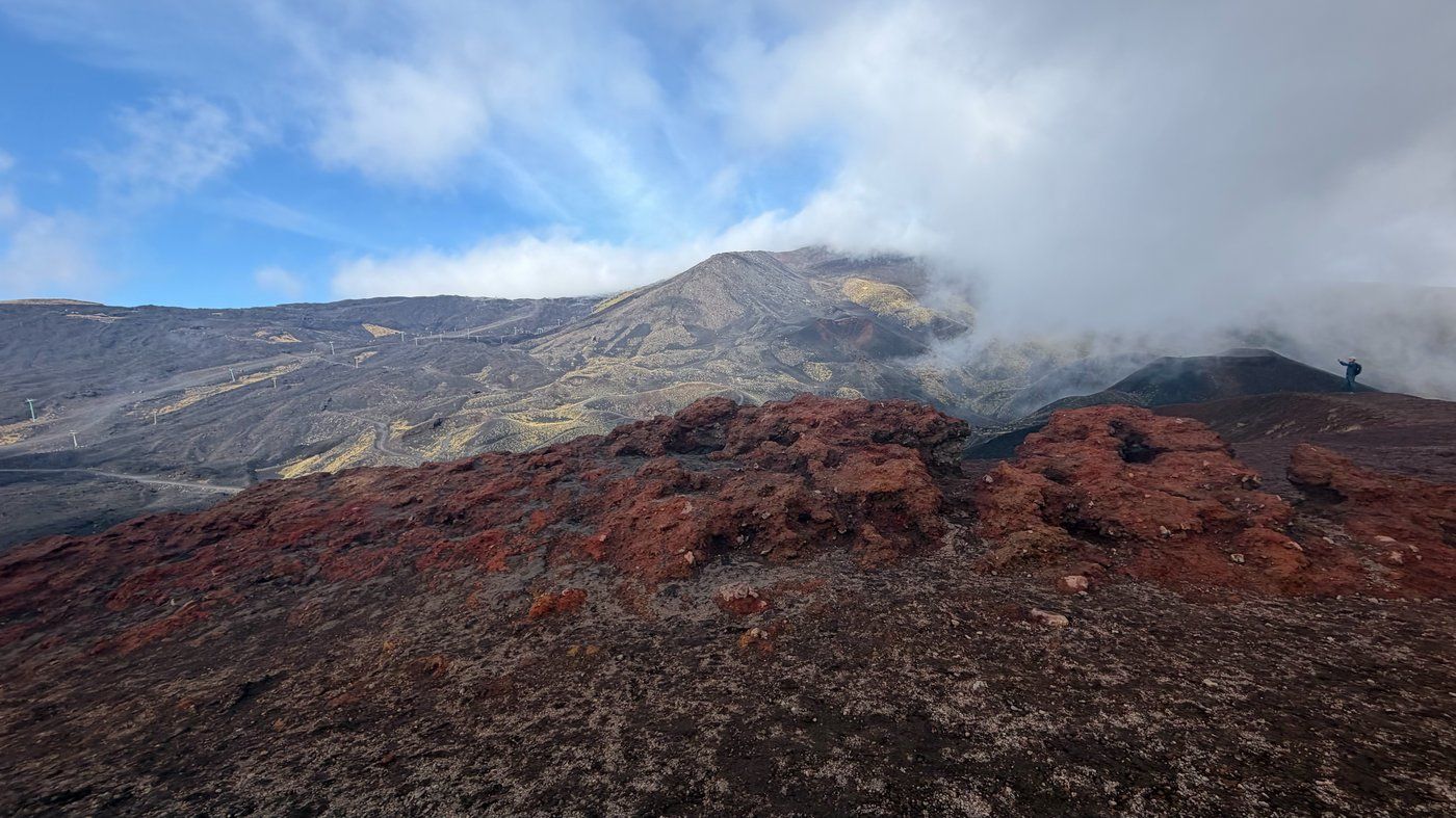 Red volcanic rock on the slopes of Mt Etna, Sicily