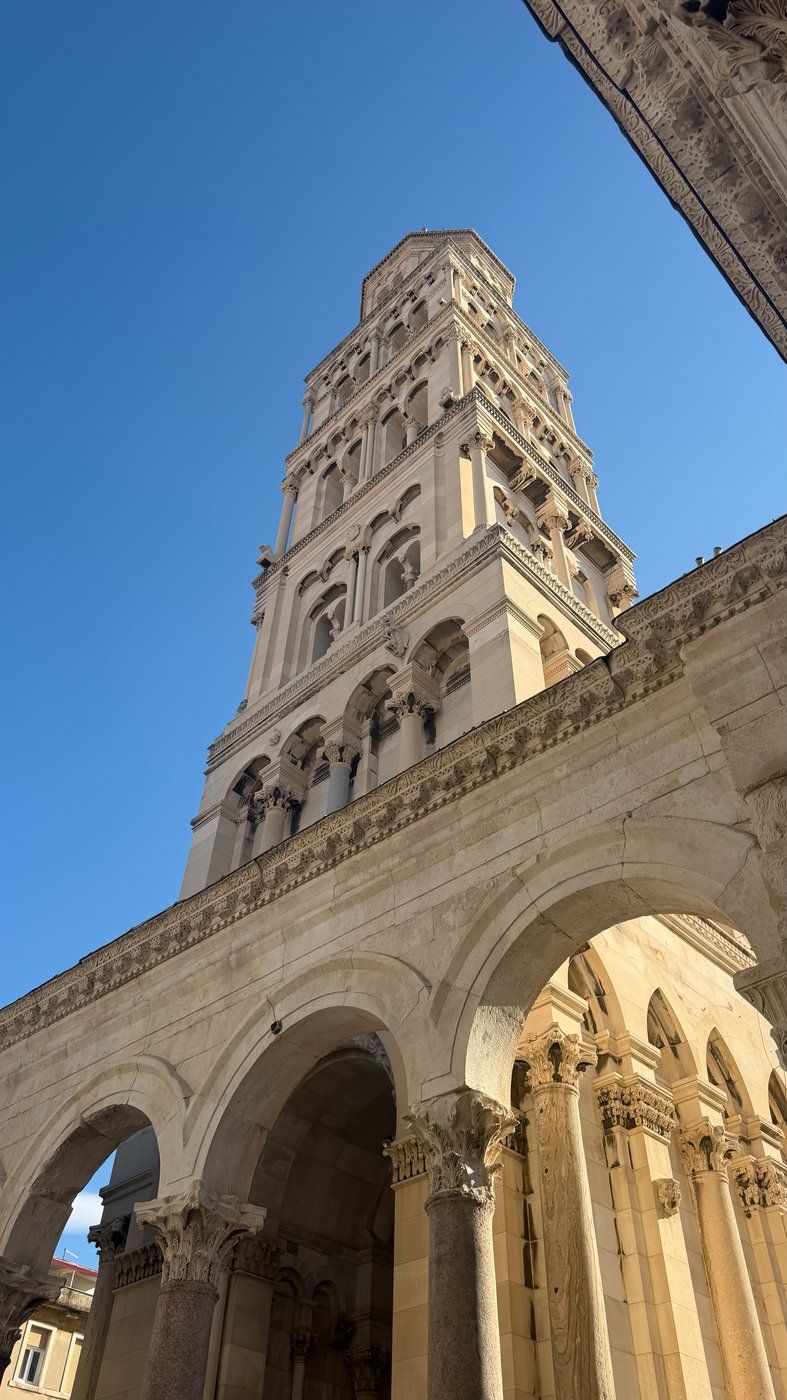 The bell tower of Split Cathedral rising above Diocletian's Palace, Split, Croatia